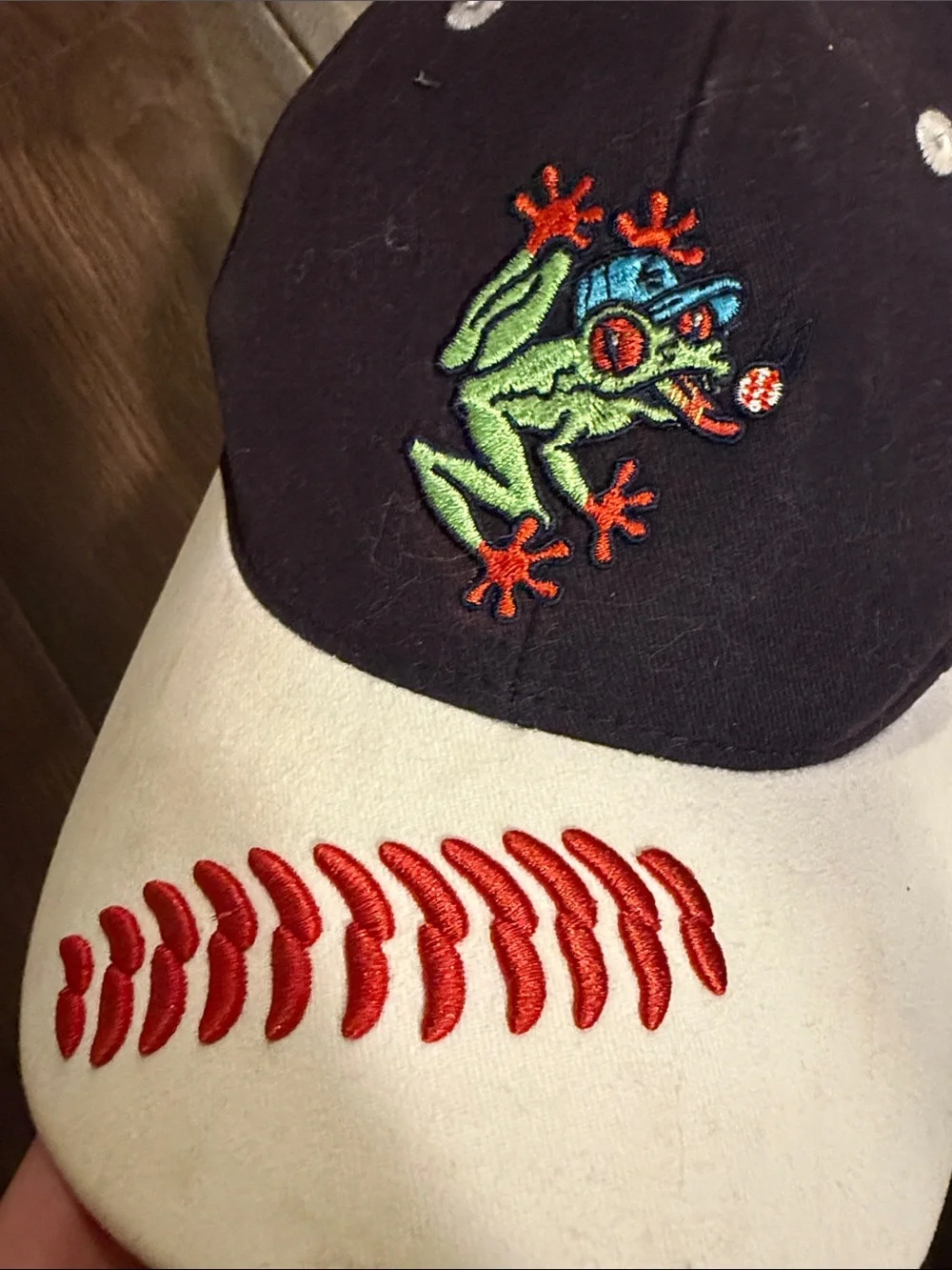 Kids Frog Baseball Cap in Black and Cream with Red Embroidery